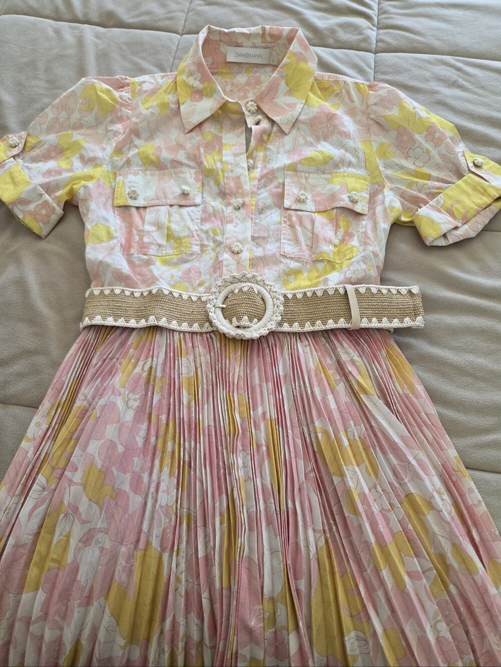Floral Pleated Shirt Dress in Pink & Yellow